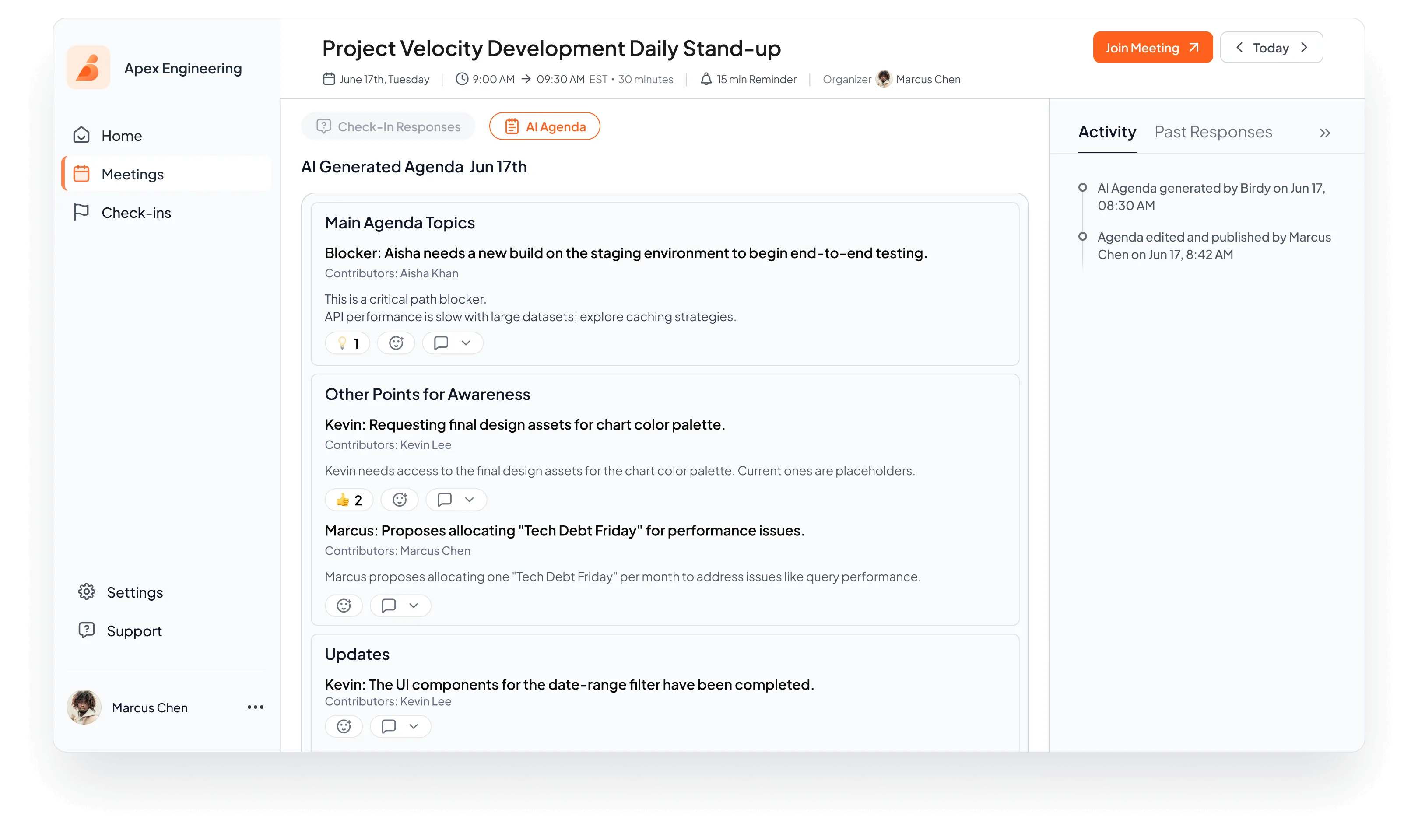 Professional daily stand-up interface showing team collaboration and project updates