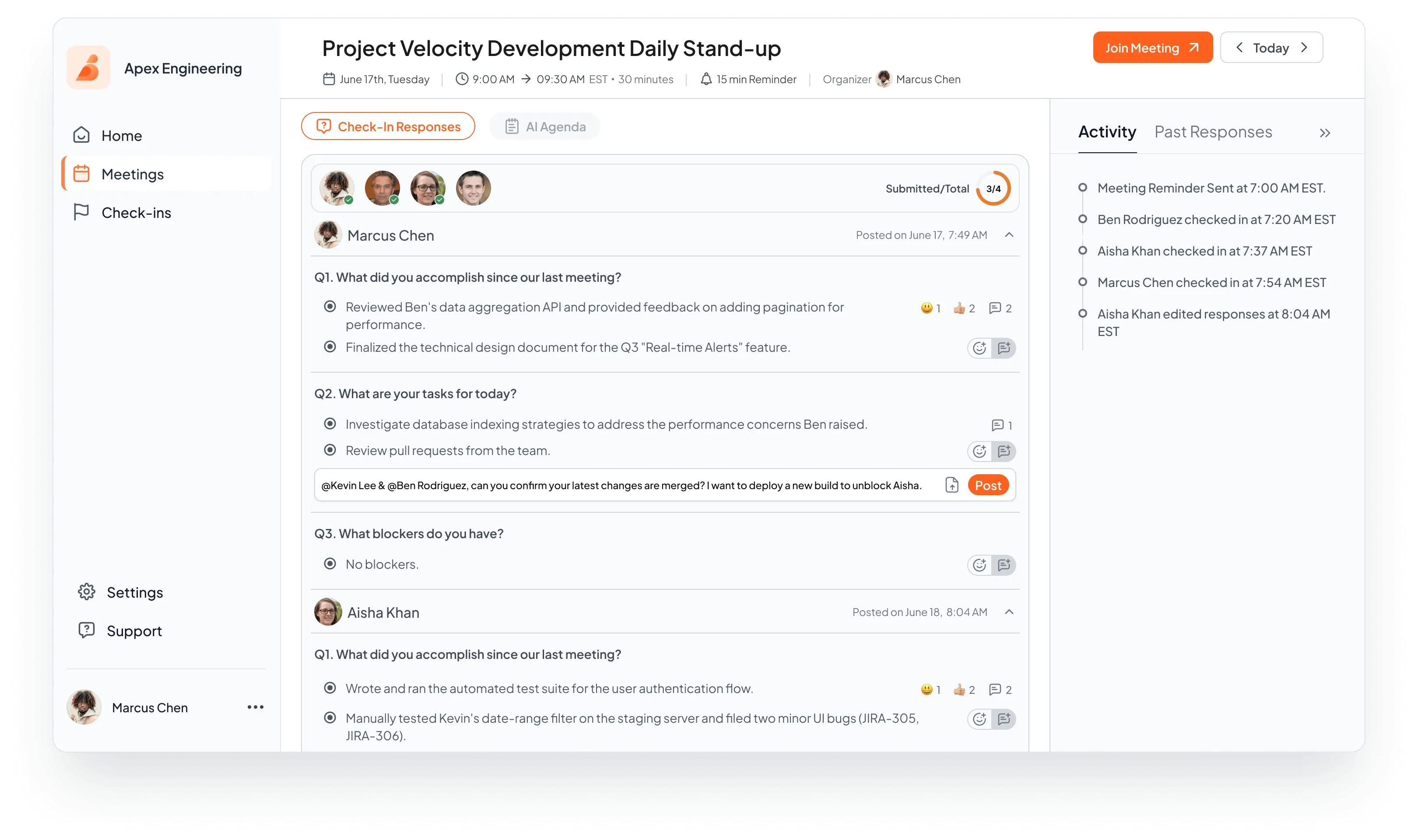 Professional daily stand-up interface showing team collaboration and project updates