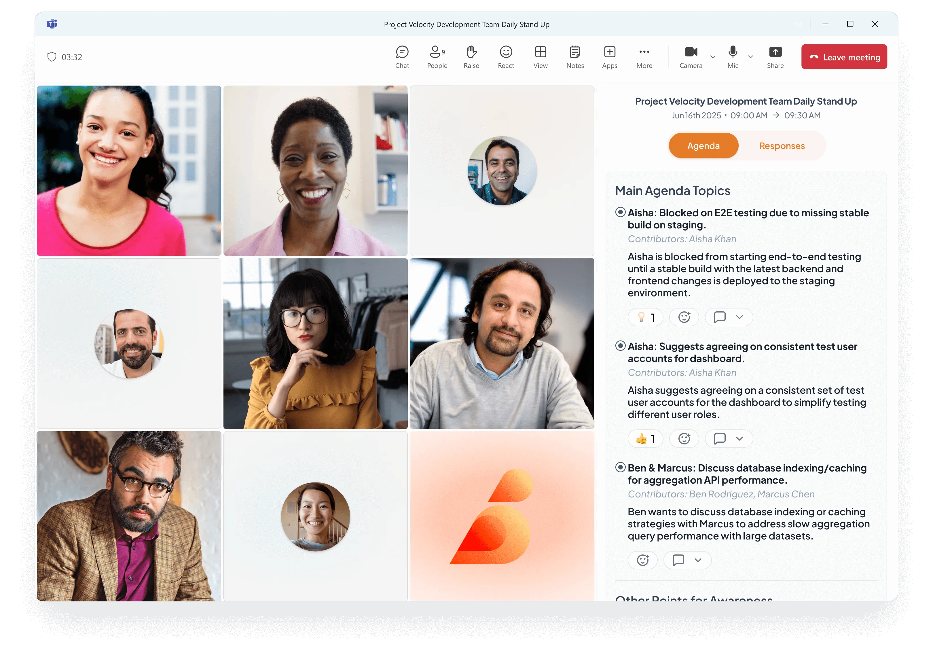 Professional daily stand-up interface showing team collaboration and project updates